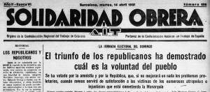 Recorte de la portada de Solidaridad Obrera 14 de abril de 1931