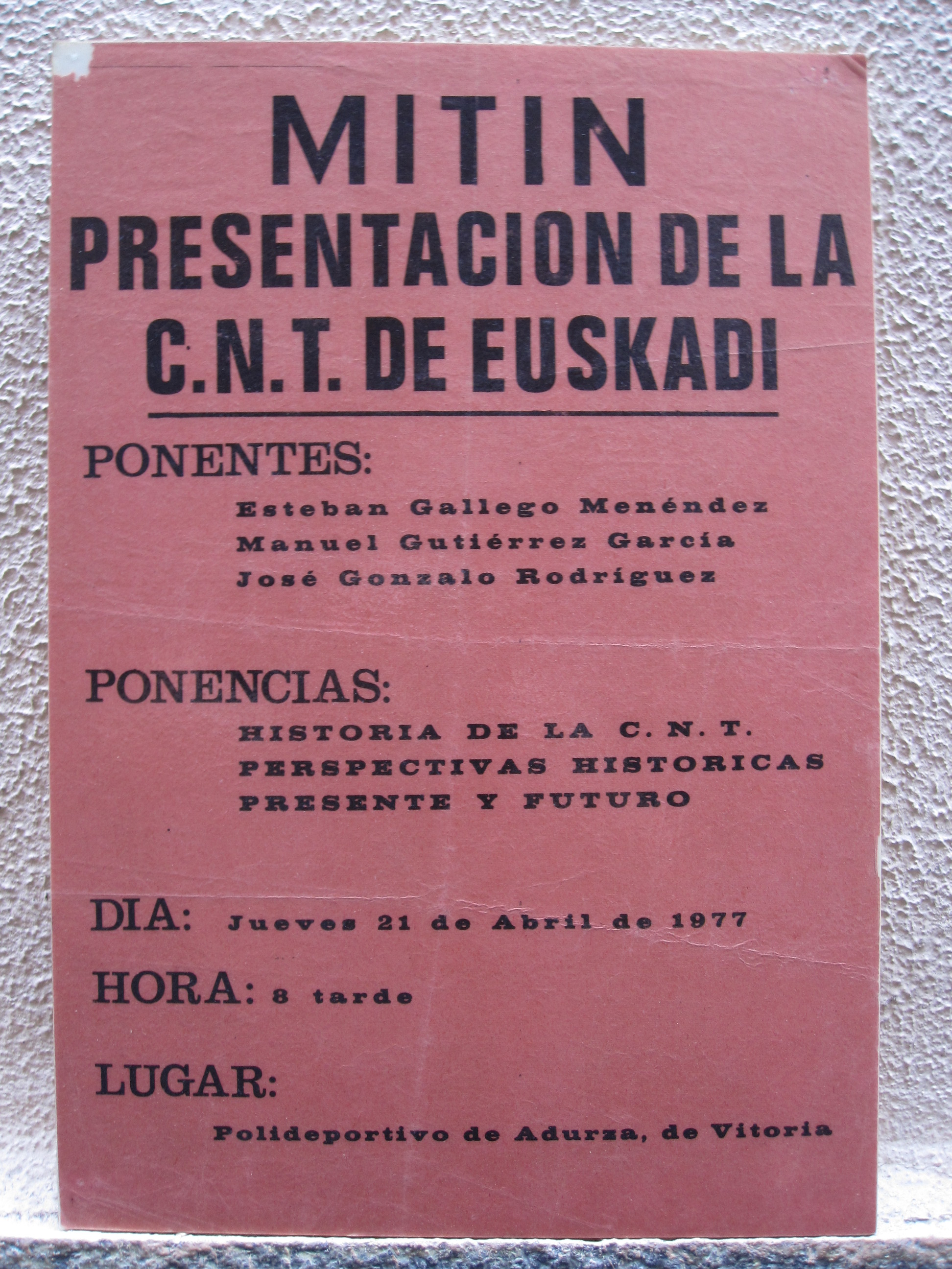 Cartel mitin presentación de la CNT de Euskadi, 21-4-1977