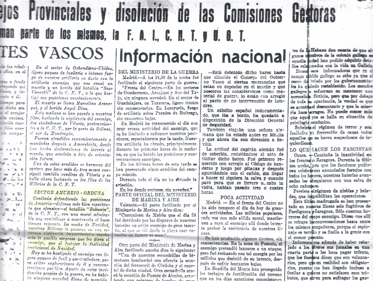 CNT DEL NORTE, 27 de diciembre de 1936. Recorte situación del frente en Álava