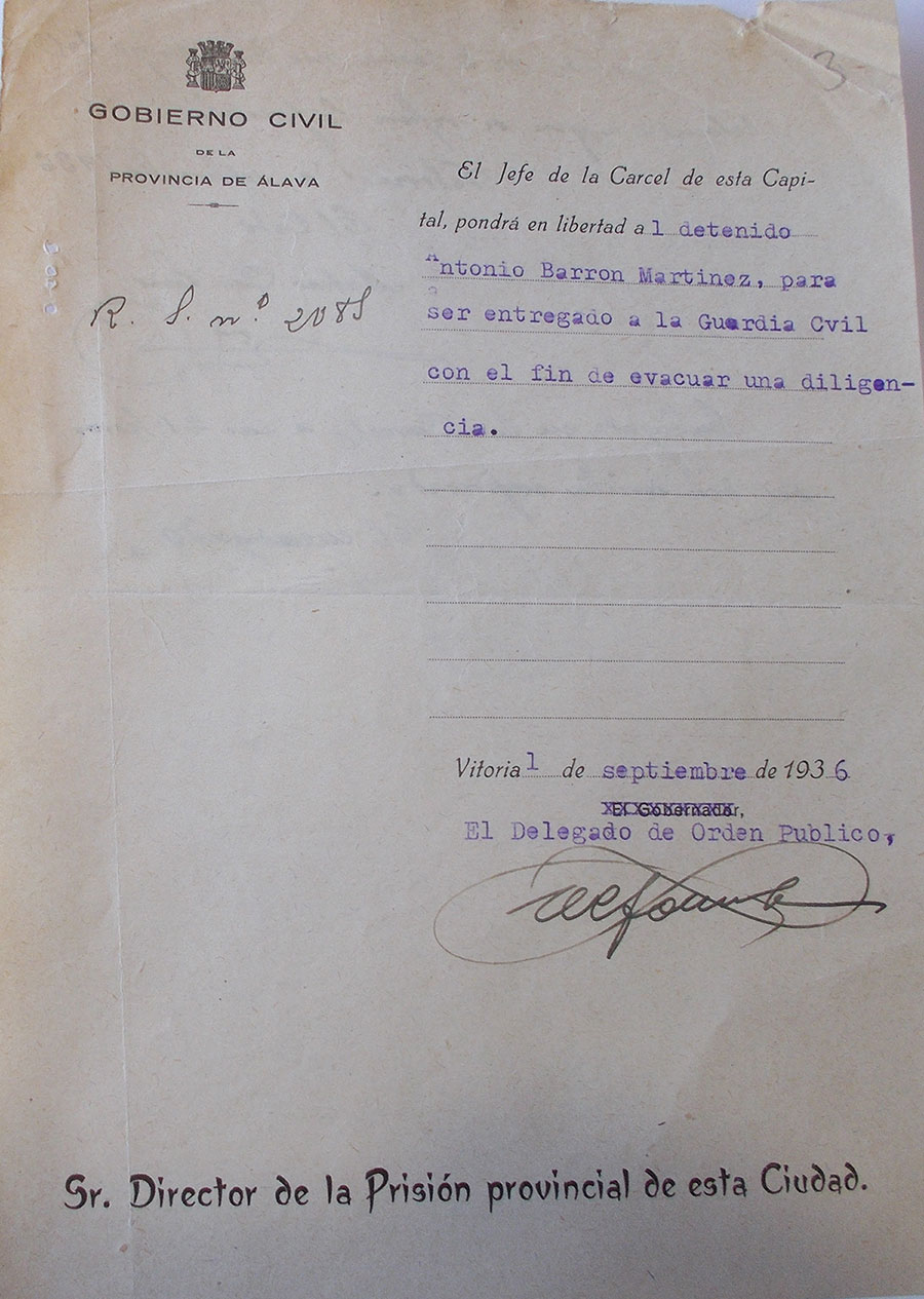 ORDEN DE LIBERTAD DE ANTONIO BARRÓN. 1 de septiembre de 1936