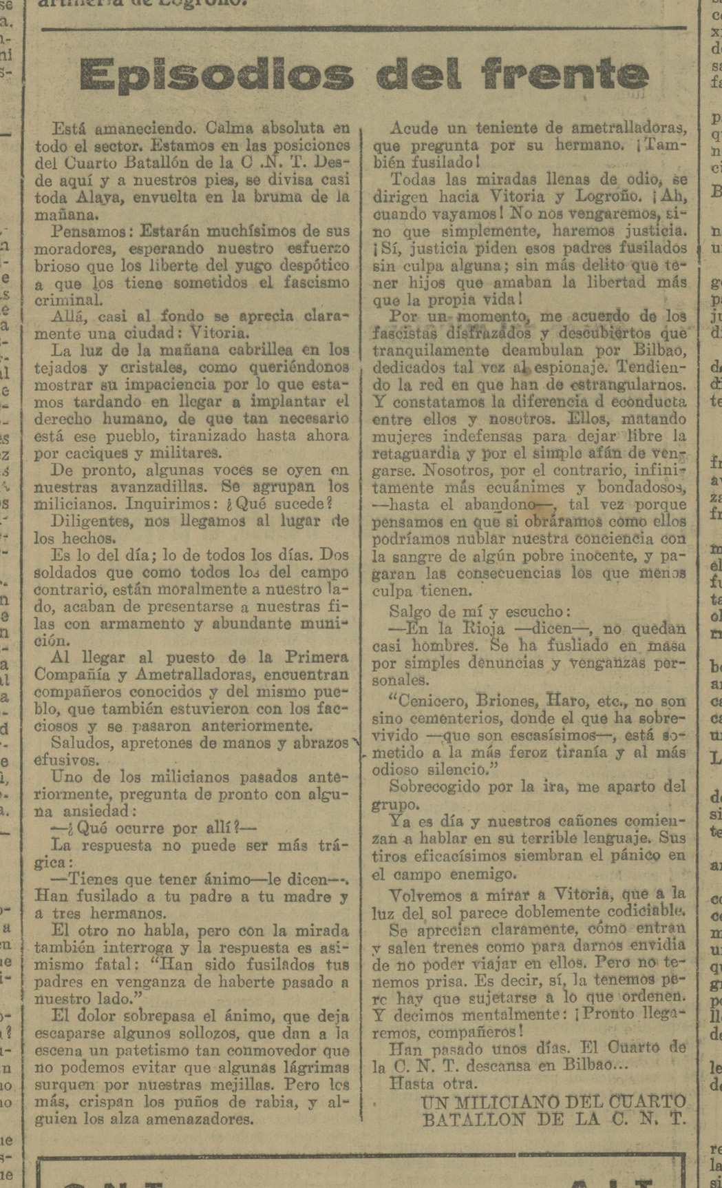 EPISODIOS DEL FRENTE. Recorte CNT del Norte, 16 de enero de 1937