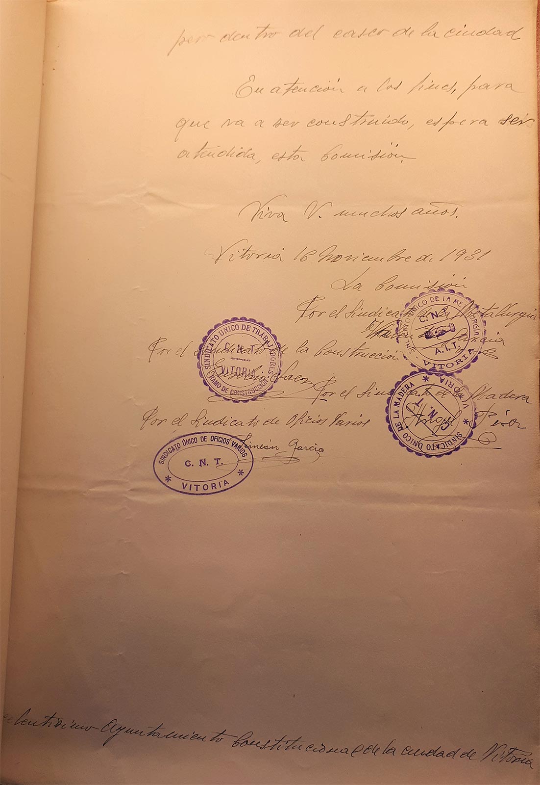 16-11-1931. CNT Sindicato Único de Vitoria. Solicitud solar para local social. Escrito Sindicato segunda página